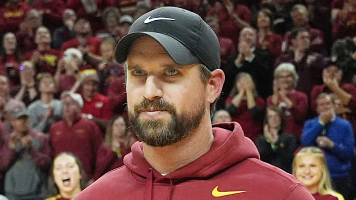 Iowa State football coach Jimmy Rogers speaks during a timeout in the first half in the Iowa State and Iowa men’s basketball Cy-Hawk series at Hilton coliseum on Dec. 11, 2025, in Ames, Iowa.