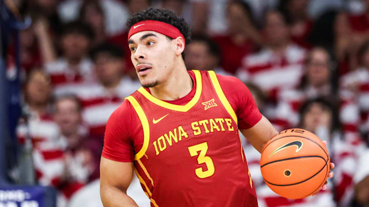Mar 2, 2026; Tucson, Arizona, USA; Iowa State Cyclones guard Tamin Lipsey (3) dribbles the ball during the first half of the game against the Arizona Wildcats at McKale Memorial Center. 