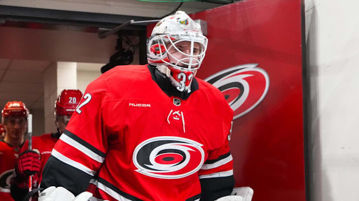Feb 1, 2026; Raleigh, North Carolina, USA;  Carolina Hurricanes goaltender Brandon Bussi (32) comes out of the locker room for the warmups before the game against the Los Angeles Kings at Lenovo Center. Mandatory Credit: James Guillory-Imagn Images