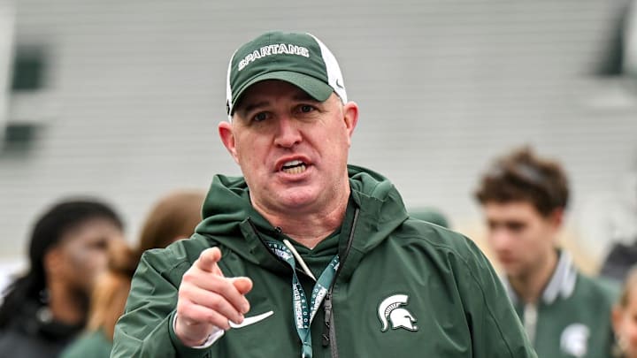 Michigan State's head coach Pat Fitzgerald addresses the team at the end of the football Spring Showcase on Saturday, April 18, 2026, at Spartan Stadium in East Lansing.