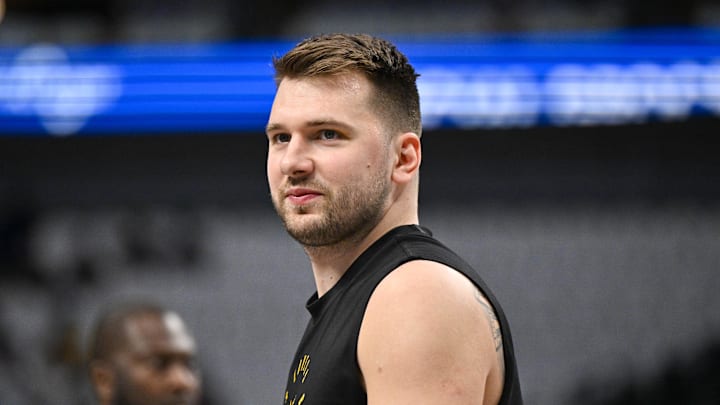 Apr 9, 2025; Dallas, Texas, USA; Los Angeles Lakers guard Luka Doncic (77) warms up before the game between the Dallas Mavericks and the Los Angeles Lakers during the first quarter at the  American Airlines Center. Mandatory Credit: Jerome Miron-Imagn Images