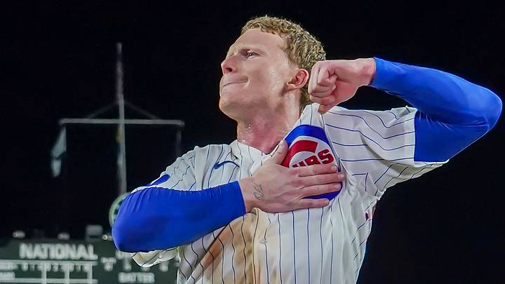 Aug 17, 2026; Chicago, Illinois, USA; Chicago Cubs center fielder Pete Crow-Armstrong (4) gestures to the fans after his walk-off two-run home run home run against the Chicago White Sox during the tenth inning at Wrigley Field. Mandatory Credit: David Banks-Imagn Images