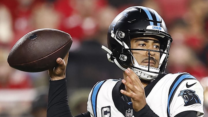 Nov 24, 2025; Santa Clara, California, USA; Carolina Panthers quarterback Bryce Young (9) drops back to pass against the San Francisco 49ers during the first half at Levi's Stadium. Mandatory Credit: Kelley L Cox-Imagn Images