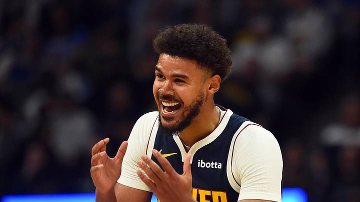 Oct 25, 2025; Denver, Colorado, USA; Denver Nuggets forward Cameron Johnson (23) reacts after being called for a foul during the first half against the Phoenix Suns at Ball Arena. Mandatory Credit: Christopher Hanewinckel-Imagn Images