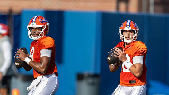 Florida quarterbacks Tramell Jones Jr. (9) and Aaron Philo (12) both practiced on Monday. Florida quarterbacks Tramell Jones Jr. (9) and Aaron Philo (12) both practiced on Monday.