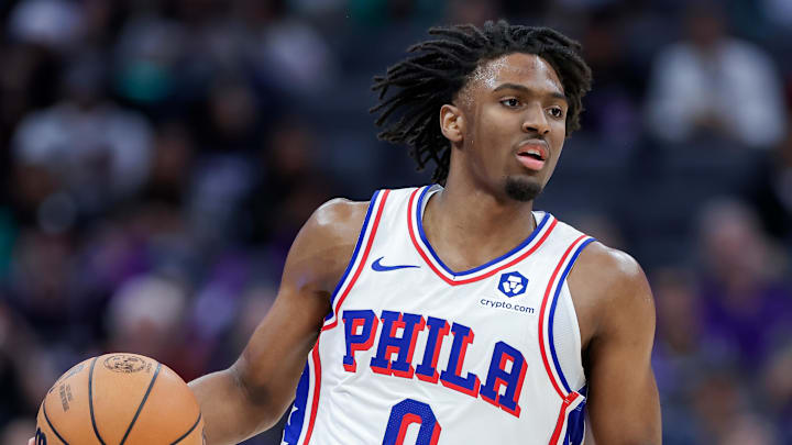 Mar 25, 2024; Sacramento, California, USA; Philadelphia 76ers guard Tyrese Maxey (0) dribbles the ball up the court during the first quarter against the Sacramento Kings at Golden 1 Center. Mandatory Credit: Sergio Estrada-Imagn Images Mar 25, 2024; Sacramento, California, USA; Philadelphia 76ers guard Tyrese Maxey (0) dribbles the ball up the court during the first quarter against the Sacramento Kings at Golden 1 Center. Mandatory Credit: Sergio Estrada-Imagn Images