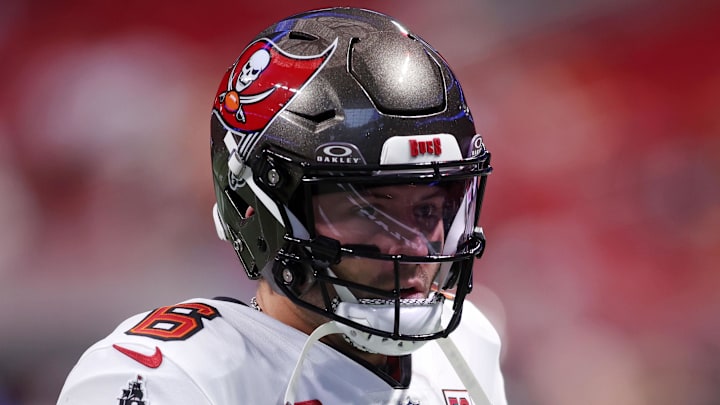 Sep 7, 2025; Atlanta, Georgia, USA; Tampa Bay Buccaneers quarterback Baker Mayfield (6) during warmups before the game against the Atlanta Falcons at Mercedes-Benz Stadium. Mandatory Credit: Brett Davis-Imagn Images