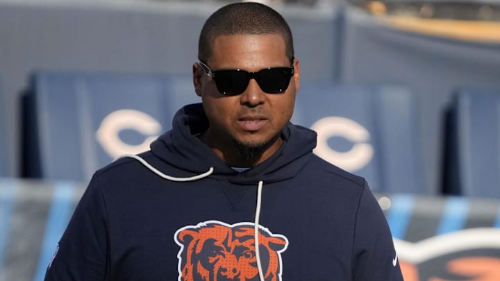 Sep 8, 2025; Chicago, Illinois, USA; Chicago Bears general manager Ryan Poles before the game at Soldier Field.