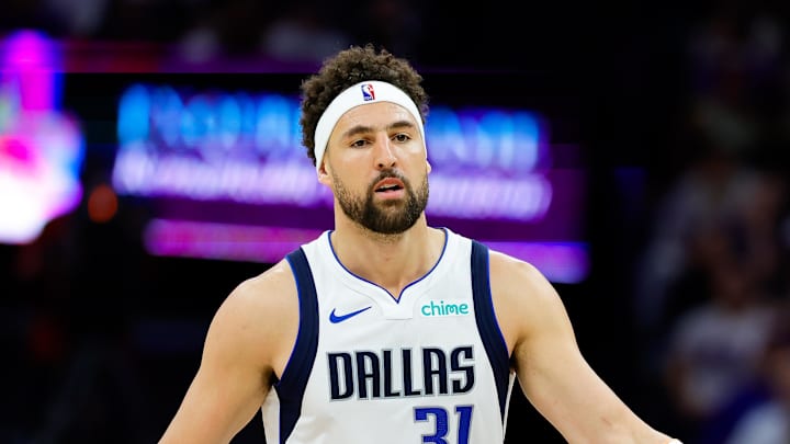 Apr 16, 2025; Sacramento, California, USA; Dallas Mavericks guard Klay Thompson (31) celebrates with teammates after scoring a basket during the second quarter against the Sacramento Kings at Golden 1 Center. Mandatory Credit: Sergio Estrada-Imagn Images