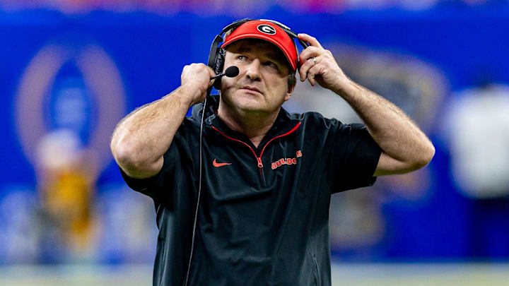 Jan 2, 2025; New Orleans, LA, USA; Georgia Bulldogs head coach Kirby Smart looks on against the Notre Dame Fighting Irish during the first half at Caesars Superdome. Mandatory Credit: Stephen Lew-Imagn Images Jan 2, 2025; New Orleans, LA, USA; Georgia Bulldogs head coach Kirby Smart looks on against the Notre Dame Fighting Irish during the first half at Caesars Superdome. Mandatory Credit: Stephen Lew-Imagn Images