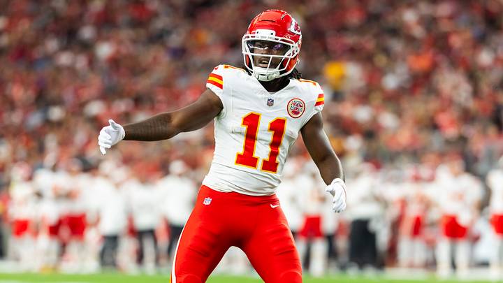 Aug 9, 2025; Glendale, Arizona, USA; Kansas City Chiefs wide receiver Jalen Royals (11) against the Arizona Cardinals during a preseason NFL game at State Farm Stadium. Mandatory Credit: Mark J. Rebilas-Imagn Images