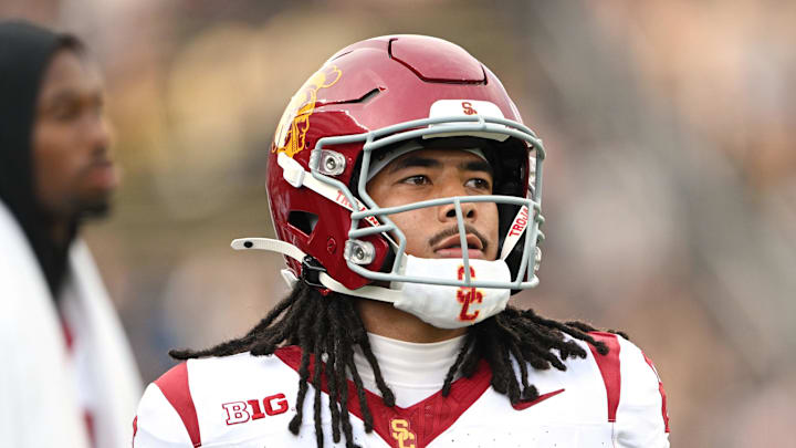 Sep 13, 2025; West Lafayette, Indiana, USA; Southern California Trojans wide receiver Makai Lemon (6) warms up before the game against the Purdue Boilermakers at Ross-Ade Stadium. 