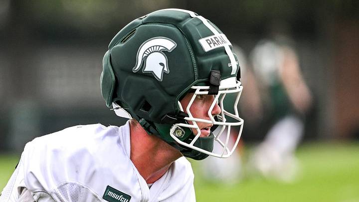 Michigan State tight end Brennan Parachek runs after a catch during football practice on Thursday, Aug. 6, 2026, in East Lansing.