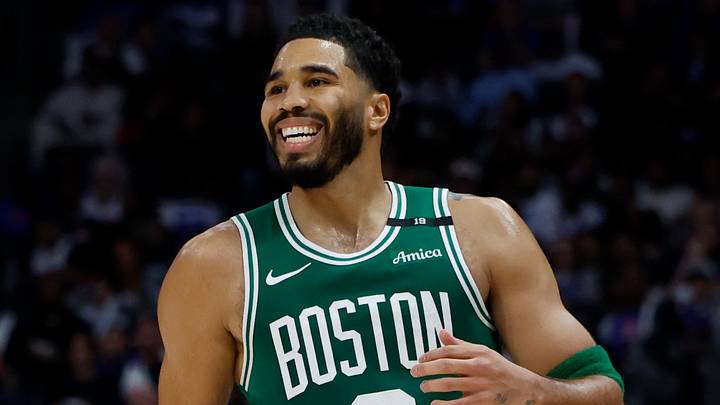 Oct 20, 2026; Detroit, Michigan, USA;  Boston Celtics forward-guard Jayson Tatum (0) reacts during the second half against the Detroit Pistons at Little Caesars Arena.  Mandatory Credit: Rick Osentoski-Imagn Images