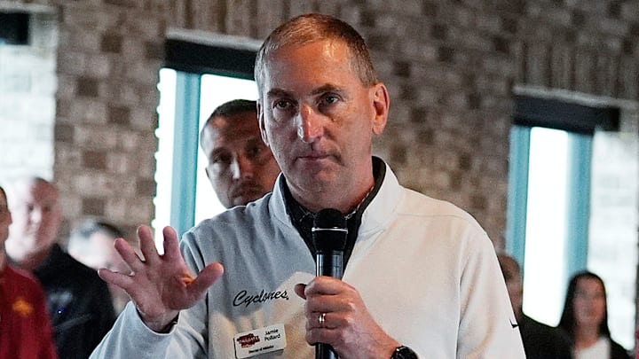 Iowa State athletics director Jamie Pollard speaks during Cyclones Tailgate Tour kickoff at Toast on May 19, 2025, in Ankeny, Iowa