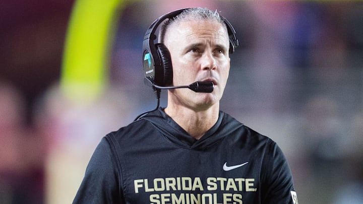 Florida State Seminoles head coach Mike Norvell walks down the field. The Miami Hurricanes lead the Florida State Seminoles 14-3 at the half on Saturday, Oct. 4, 2025.