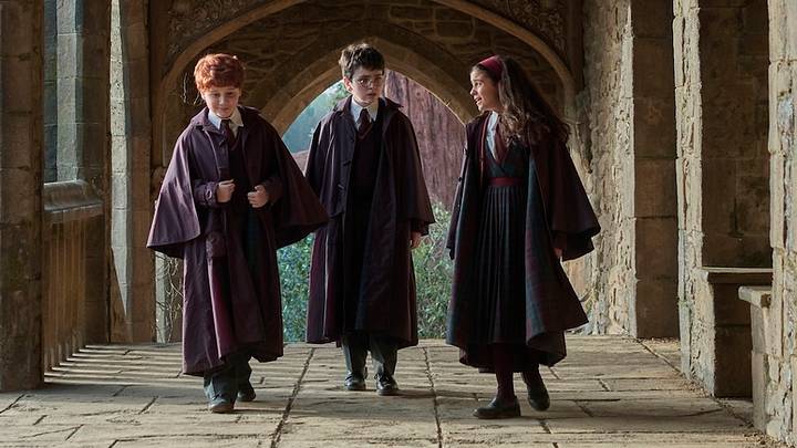 Alastair Stout (Ron Weasley), Dominic McLaughlin (Harry Potter), and Arabella Stanton (Hermione Granger) in Harry Potter and the Philosopher’s Stone. Alastair Stout (Ron Weasley), Dominic McLaughlin (Harry Potter), and Arabella Stanton (Hermione Granger) in Harry Potter and the Philosopher’s Stone.