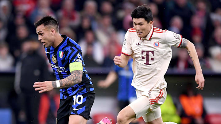 Lautaro Martínez (left) and Kim Min-Jae during the first leg of Inter Milan vs. Bayern Munich.