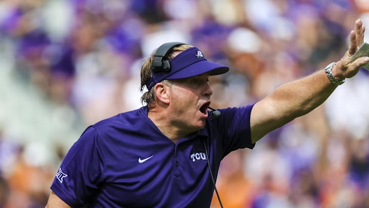 Oct 2, 2021; Fort Worth, Texas, USA; TCU Horned Frogs head coach Gary Patterson reacts during the second quarter  against the Texas Longhorns at Amon G. Carter Stadium. Mandatory Credit: Kevin Jairaj-Imagn Images