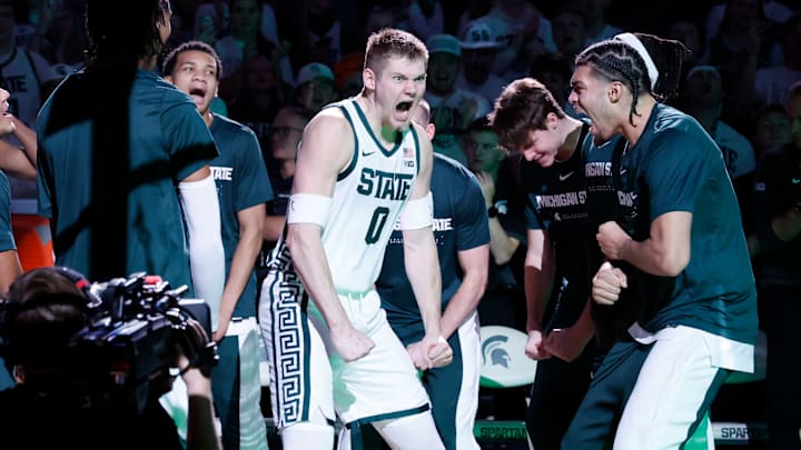 Michigan State Spartans forward Jaxon Kohler (0) screams after being introduced as a starter before a game against the Detroit Mercy Titans at the Breslin Center on Friday, Nov. 21, 2025.
