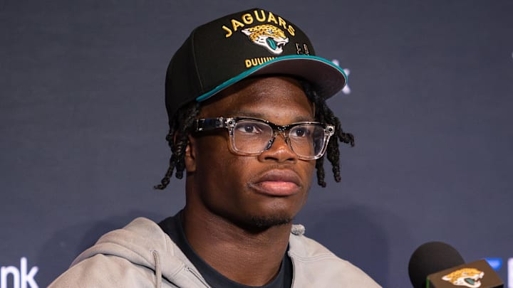 Apr 25, 2025; Jacksonville, FL, USA; Jacksonville Jaguars first round draft pick Travis Hunter talks to the media during a press conference at Miller Electric Center. Mandatory Credit: Travis Register-Imagn Images Apr 25, 2025; Jacksonville, FL, USA; Jacksonville Jaguars first round draft pick Travis Hunter talks to the media during a press conference at Miller Electric Center. Mandatory Credit: Travis Register-Imagn Images