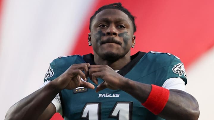 Jan 11, 2026; Philadelphia, PA, USA; Philadelphia Eagles wide receiver A.J. Brown (11) looks on prior to an NFC Wild Card Round game against the San Francisco 49ers at Lincoln Financial Field. Mandatory Credit: Bill Streicher-Imagn Images Jan 11, 2026; Philadelphia, PA, USA; Philadelphia Eagles wide receiver A.J. Brown (11) looks on prior to an NFC Wild Card Round game against the San Francisco 49ers at Lincoln Financial Field. Mandatory Credit: Bill Streicher-Imagn Images