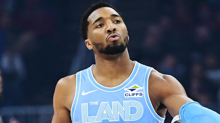 Mar 5, 2025; Cleveland, Ohio, USA; Cleveland Cavaliers guard Donovan Mitchell (45) celebrates after hitting a three point basket during the first half against the Miami Heat at Rocket Arena. Mandatory Credit: Ken Blaze-Imagn Images