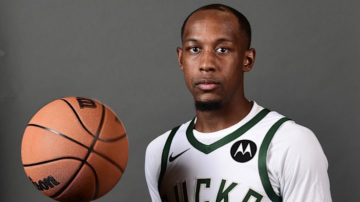 Sep 29, 2025; Milwaukee, WI, USA; Milwaukee Bucks guard Jamaree Bouyea (15) poses for a picture during Milwaukee Bucks Media Day at the Fiserv Forum.  Mandatory Credit: Benny Sieu-Imagn Images