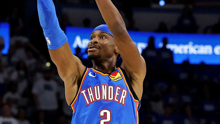 May 28, 2025; Oklahoma City, Oklahoma, USA; Oklahoma City Thunder guard Shai Gilgeous-Alexander (2) shoots the ball during the fourth quarter against the Minnesota Timberwolves in game five of the western conference finals for the 2025 NBA Playoffs at Paycom Center. Mandatory Credit: Alonzo Adams-Imagn Images