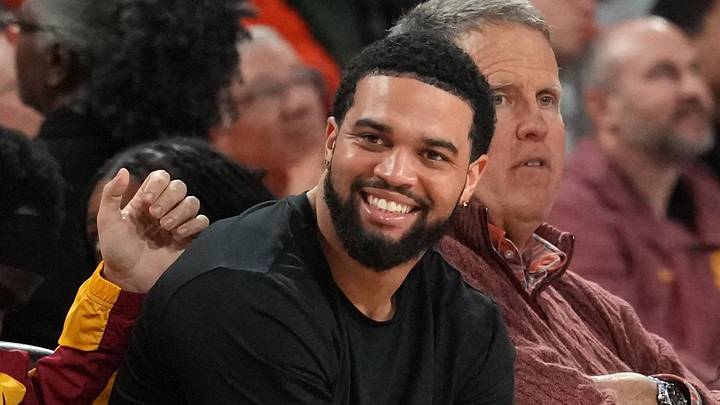 Feb 18, 2026; Los Angeles, California, USA; Chicago Bears quarterback Caleb Williams watches in the second half of the game between the Illinois Fighting Illini and the Southern California Trojans at Galen Center. Feb 18, 2026; Los Angeles, California, USA; Chicago Bears quarterback Caleb Williams watches in the second half of the game between the Illinois Fighting Illini and the Southern California Trojans at Galen Center.
