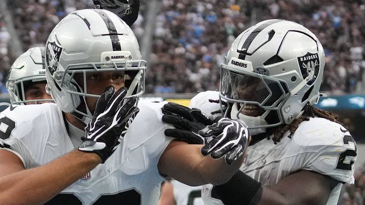 Sep 20, 2026; Inglewood, California, USA; Las Vegas Raiders wide receiver Corey Rucker (82) and Las Vegas Raiders running back Ashton Jeanty (2) celebrate after a touchdown against the Los Angeles Chargers during the second half at SoFi Stadium. Mandatory Credit: Kirby Lee-Imagn Images Sep 20, 2026; Inglewood, California, USA; Las Vegas Raiders wide receiver Corey Rucker (82) and Las Vegas Raiders running back Ashton Jeanty (2) celebrate after a touchdown against the Los Angeles Chargers during the second half at SoFi Stadium. Mandatory Credit: Kirby Lee-Imagn Images