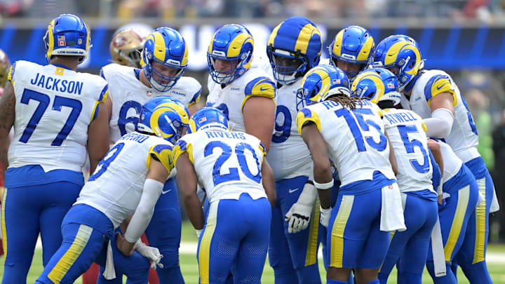 Sep 22, 2024; Inglewood, California, USA; Los Angeles Rams huddle around quarterback Matthew Stafford (8) during the first half against the San Francisco 49ers at SoFi Stadium. Mandatory Credit: Jayne Kamin-Oncea-Imagn Images Sep 22, 2024; Inglewood, California, USA; Los Angeles Rams huddle around quarterback Matthew Stafford (8) during the first half against the San Francisco 49ers at SoFi Stadium. Mandatory Credit: Jayne Kamin-Oncea-Imagn Images