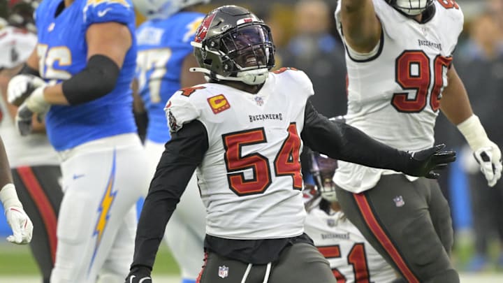Dec 15, 2024; Inglewood, California, USA; Tampa Bay Buccaneers linebacker Lavonte David (54) celebrates after a sack of Los Angeles Chargers quarterback Justin Herbert (10) in the second half at SoFi Stadium. Mandatory Credit: Jayne Kamin-Oncea-Imagn Images Dec 15, 2024; Inglewood, California, USA; Tampa Bay Buccaneers linebacker Lavonte David (54) celebrates after a sack of Los Angeles Chargers quarterback Justin Herbert (10) in the second half at SoFi Stadium. Mandatory Credit: Jayne Kamin-Oncea-Imagn Images