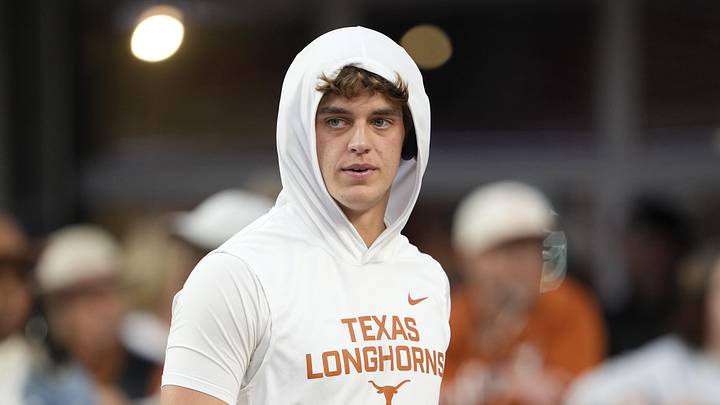 Texas Longhorns quarterback Arch Manning warms up before a game against the Texas A&M Aggies at Darrell K Royal-Texas Memorial Stadium.