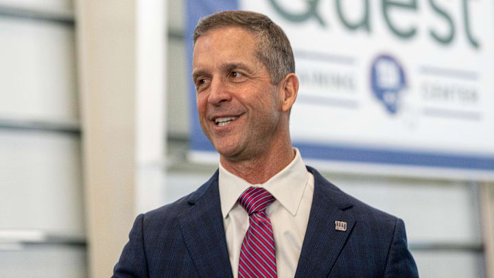 New Giants Head Coach John Harbaugh speaks with members of the media during a press conference welcoming Harbaugh at the Quest Diagnostics Training Center in East Rutherford on Tuesday, Jan. 20, 2025.