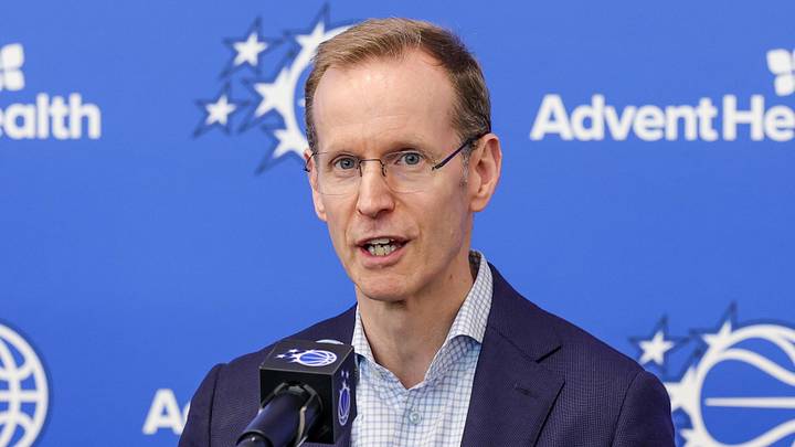 Jun 18, 2026; Orlando, FL, USA; Orlando Magic President of Basketball Operations Jeff Weltman takes media questions during a press conference to introduce new head coach Sean Sweeney at AdventHealth Training Center. Mandatory Credit: Mike Watters-Imagn Images