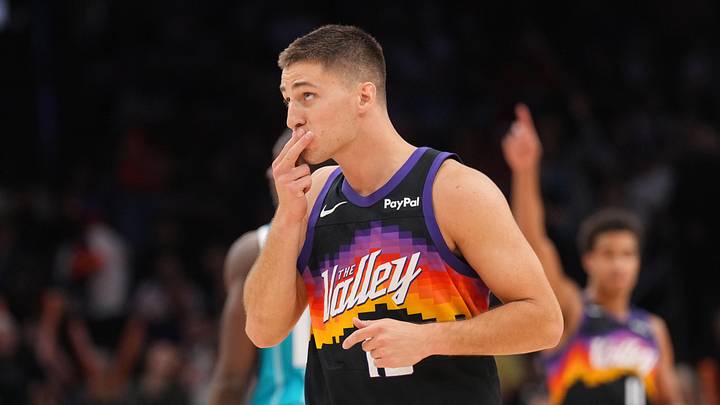 Mar 8, 2026; Phoenix, Arizona, USA; Phoenix Suns guard Collin Gillespie (12) reacts against the Charlotte Hornets during the second half at Mortgage Matchup Center. Mandatory Credit: Joe Camporeale-Imagn Images Mar 8, 2026; Phoenix, Arizona, USA; Phoenix Suns guard Collin Gillespie (12) reacts against the Charlotte Hornets during the second half at Mortgage Matchup Center. Mandatory Credit: Joe Camporeale-Imagn Images