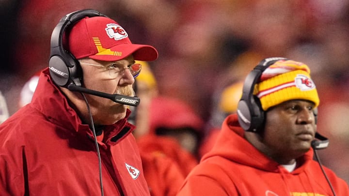 Nov 1, 2021; Kansas City, Missouri, USA; Kansas City Chiefs head coach Andy Reid (left) and offensive coordinator Eric Bieniemy (right) look on from the sideline during the first quarter against the New York Giants at GEHA Field at Arrowhead Stadium. Mandatory Credit: Jay Biggerstaff-Imagn Images
