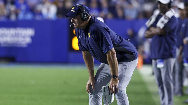 Oct 3, 2025; Provo, Utah, USA; West Virginia Mountaineers head coach Rich Rodriguez looks on during the fourth quarter of the game against the Brigham Young Cougars at LaVell Edwards Stadium. Mandatory Credit: Rob Gray-Imagn Images
