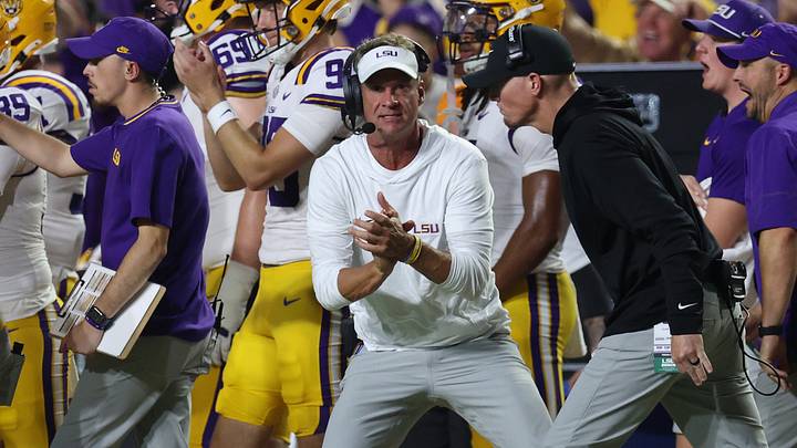 LSU Tigers head coach Lane Kiffin reacts on the sideline during the first half against the Texas A&M Aggies at Tiger Stadium. LSU Tigers head coach Lane Kiffin reacts on the sideline during the first half against the Texas A&M Aggies at Tiger Stadium.