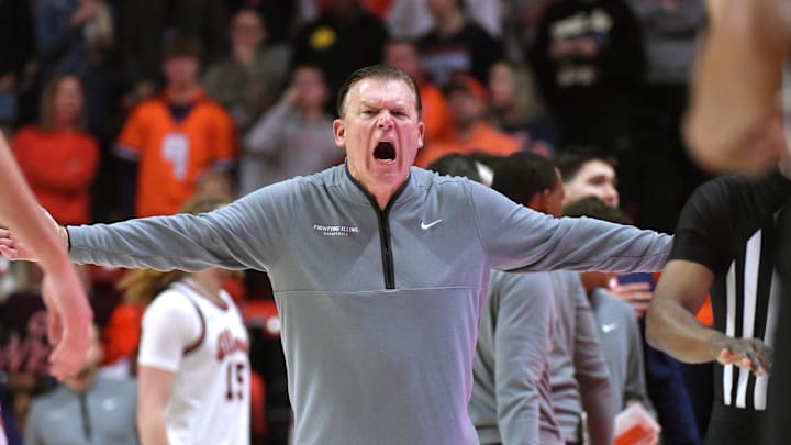 Dec 13, 2025; Champaign, Illinois, USA;  Illinois Fighting Illini head coach Brad Underwood reacts to a call during the second hal against the Nebraska Cornhuskersf at State Farm Center. Mandatory Credit: Ron Johnson-Imagn Images