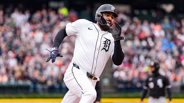 Detroit Tigers left fielder Riley Greene (31) runs past third base against Chicago White Sox during the first inning at Comerica Park in Detroit on Saturday, April 5, 2025.