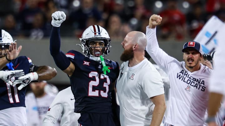 Aug 30, 2025; Tucson, Arizona, USA; Arizona Wildcats defensive back Gavin Hunter (23) holds up his fist after he blocks a catch attempted by the Hawaii Rainbow Warriors during the second quarter at Arizona Stadium. Mandatory Credit: Aryanna Frank-Imagn Images