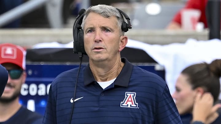 Oct 18, 2025; Houston, Texas, USA; Arizona Wildcats head coach Brent Brennan looks on during the second quarter against the Houston Cougars at TDECU Stadium. Mandatory Credit: Maria Lysaker-Imagn Images 