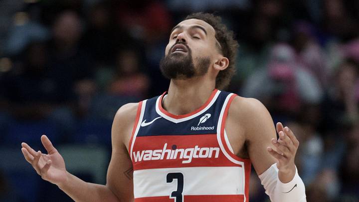 Mar 8, 2026; New Orleans, Louisiana, USA; Washington Wizards guard Trae Young (3) reacts after a three-point basket against the New Orleans Pelicans during the first half at Smoothie King Center. Mandatory Credit: Matthew Hinton-Imagn Images