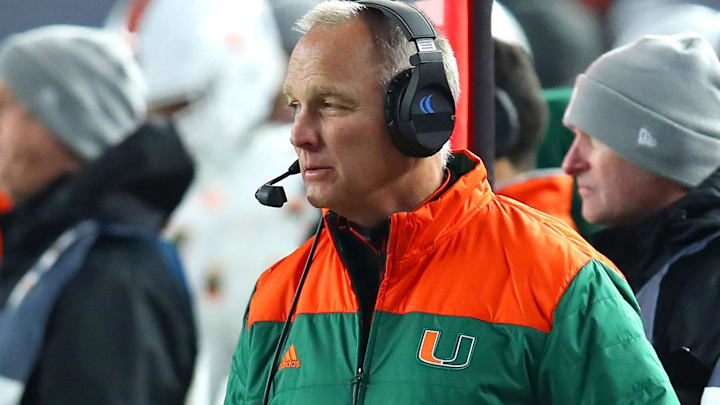 Dec 27, 2018; Bronx, NY, USA; Miami Hurricanes head coach Mark Richt looks on against the Wisconsin Badgers during the fourth quarter in the 2018 Pinstripe Bowl at Yankee Stadium.