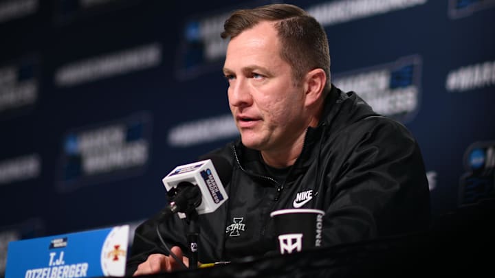 Mar 19, 2026; St. Louis, MO, USA; Iowa State Cyclones head coach T.J. Otzelberger talks to the media during a practice session ahead of the first round of the men's 2026 NCAA Tournament at Enterprise Center.