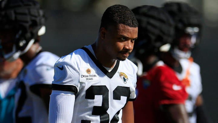 Jacksonville Jaguars cornerback Tyson Campbell (32) walks on the field during the first day of an NFL football training camp practice Wednesday, July 24, 2024 at EverBank Stadium’s Miller Electric Center in Jacksonville, Fla.