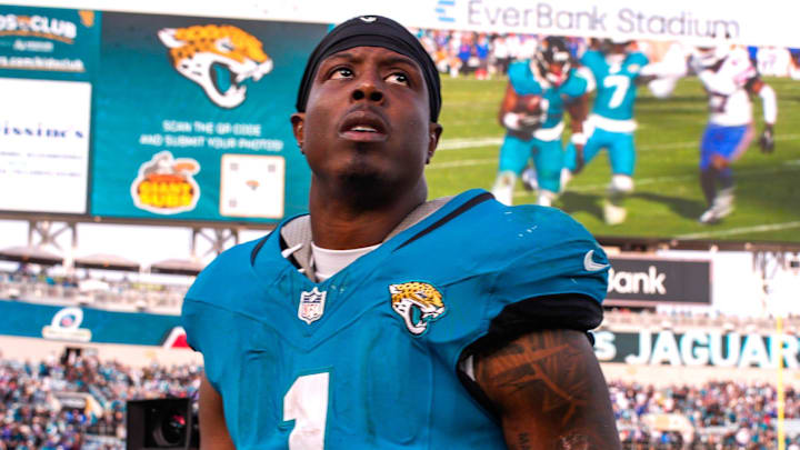 Jacksonville Jaguars running back Travis Etienne Jr. (1) walks off the field after losing to the Bills during an NFL football AFC Wild Card playoff matchup, Sunday, Jan. 11, 2026, in Jacksonville, Fla. Bills lead 10-7 at the half over the Jaguars. The Bills defeated the Jaguars 27-24. 