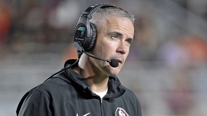 Oct 5, 2024; Tallahassee, Florida, USA; Florida State Seminoles head coach Mike Norvell looks on during the second half against the Clemson Tigers at Doak S. Campbell Stadium. Mandatory Credit: Melina Myers-Imagn Images